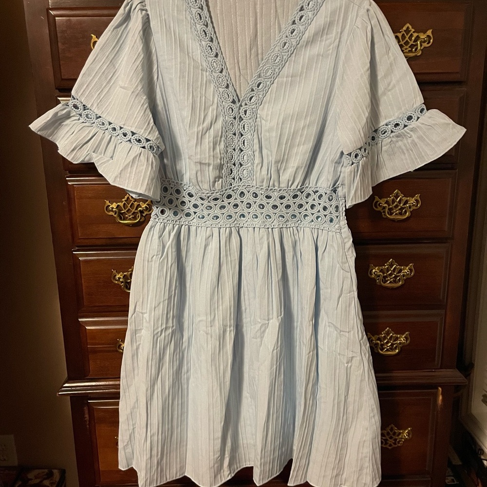Light Blue V-Neck Dress with Lace Details